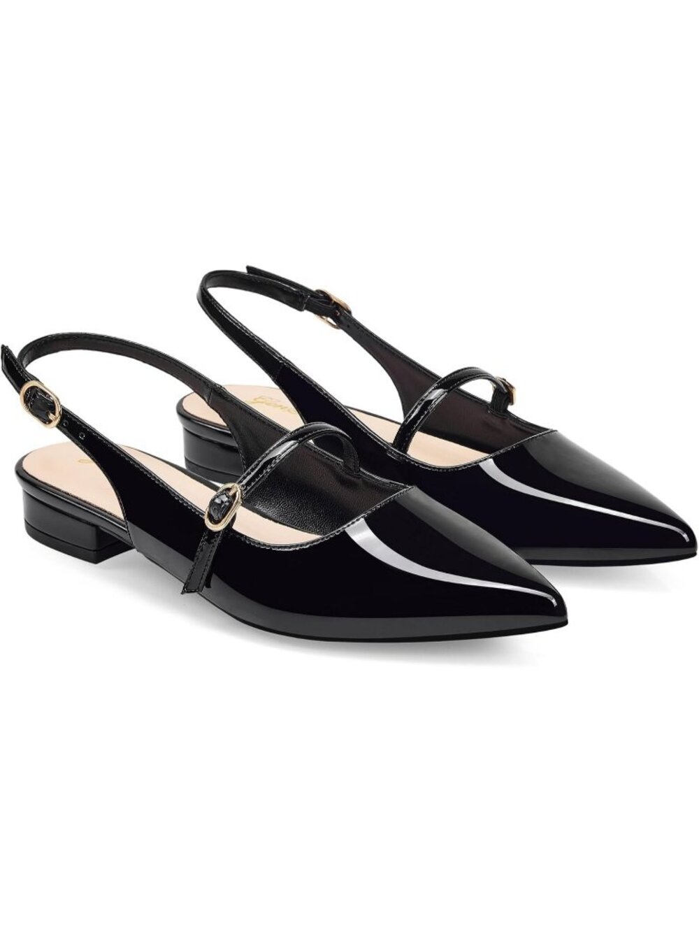 Women's Black Rubber Slingback Flat Pointed Toe Low Heel Adjustable Buckle Shoes